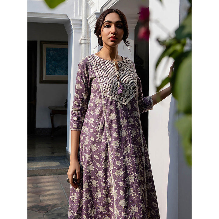 Janasya Women Purple Floral Printed Kurta with Pant (Set of 2)