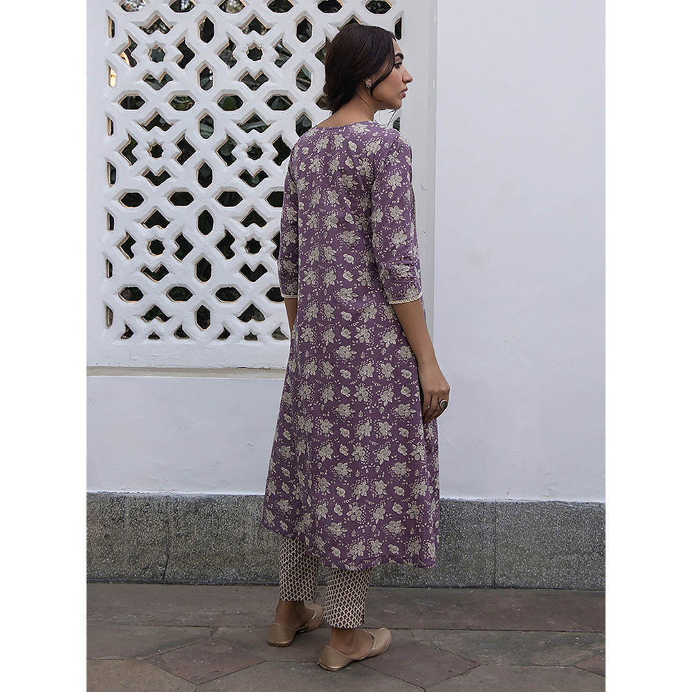 Janasya Women Purple Floral Printed Kurta with Pant (Set of 2)