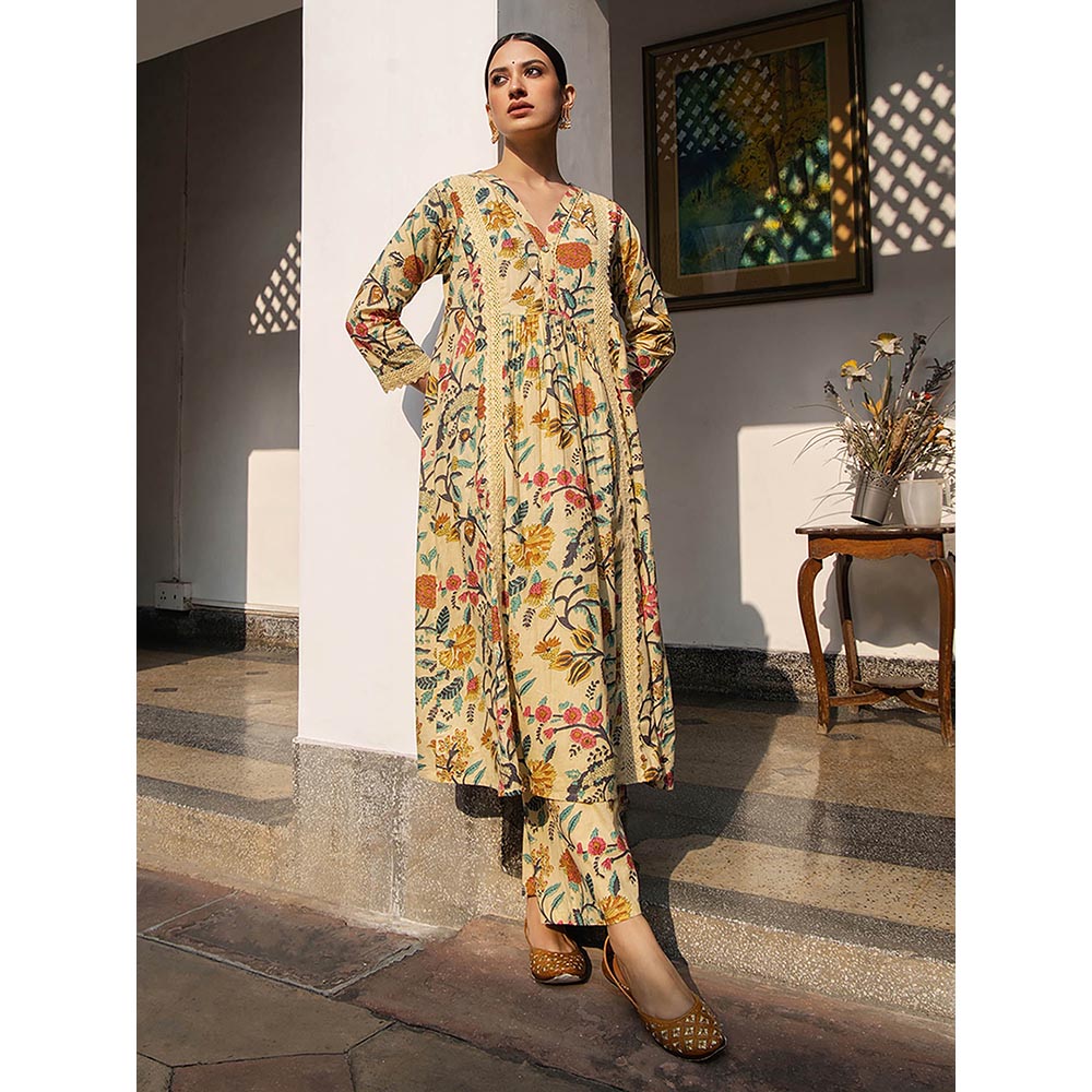 Janasya Women Beige Floral Printed Kurta with Pant (Set of 2)