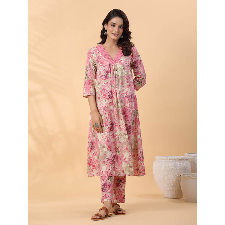 Janasya Women Pink Floral Printed Kurta with Pant (Set of 2)