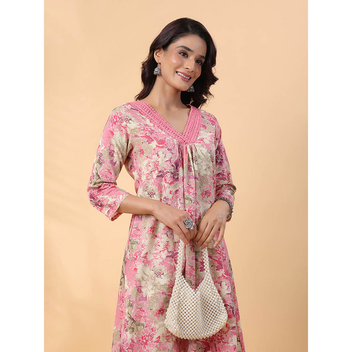 Janasya Women Pink Floral Printed Kurta with Pant (Set of 2)