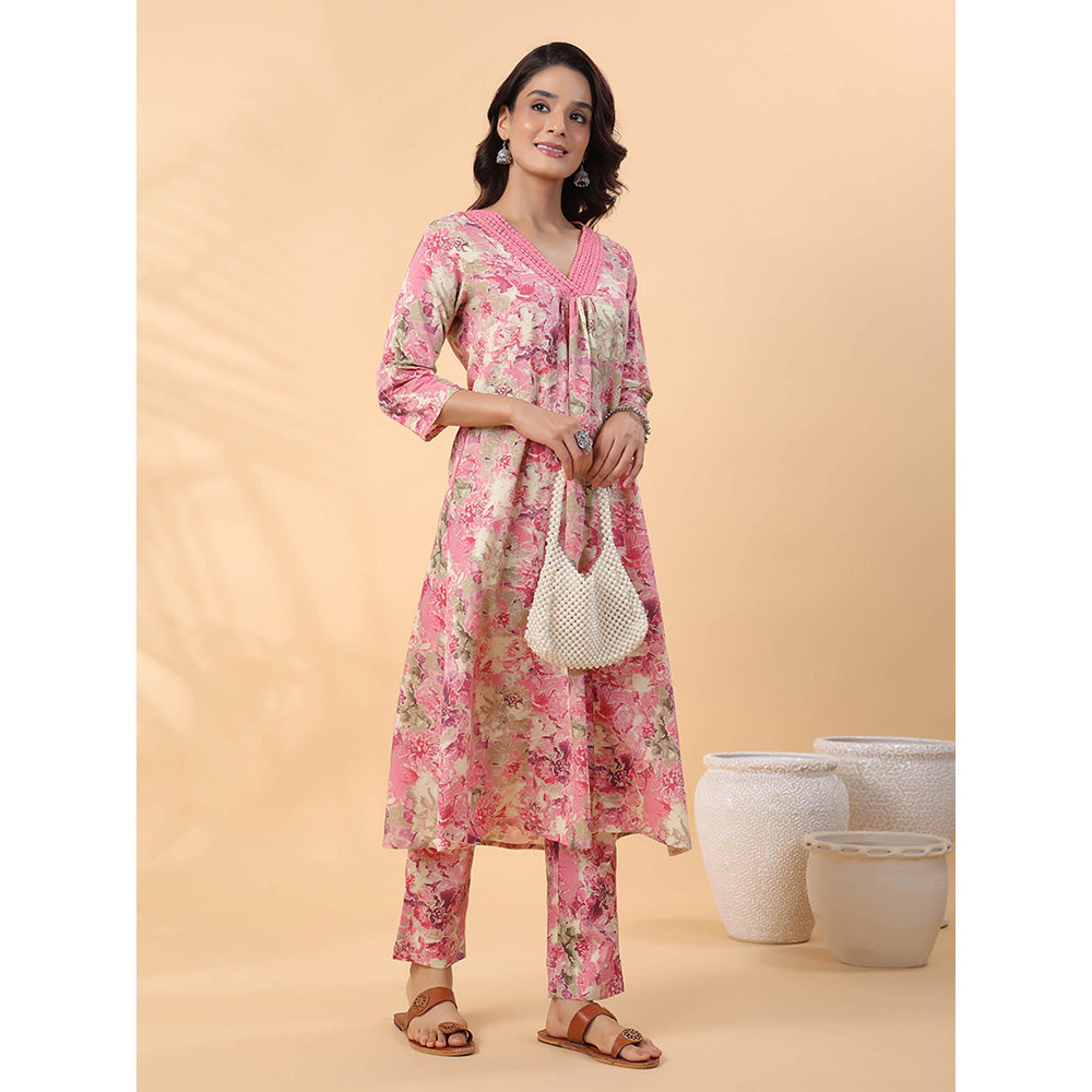 Janasya Women Pink Floral Printed Kurta with Pant (Set of 2)