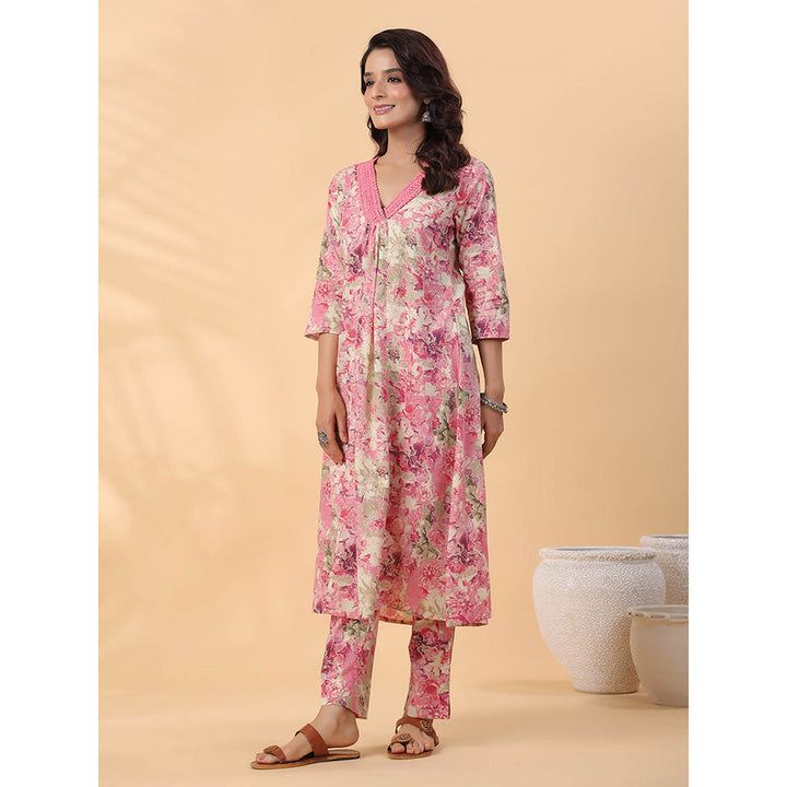 Janasya Women Pink Floral Printed Kurta with Pant (Set of 2)