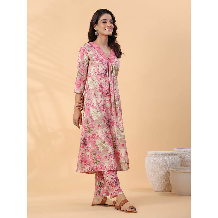 Janasya Women Pink Floral Printed Kurta with Pant (Set of 2)