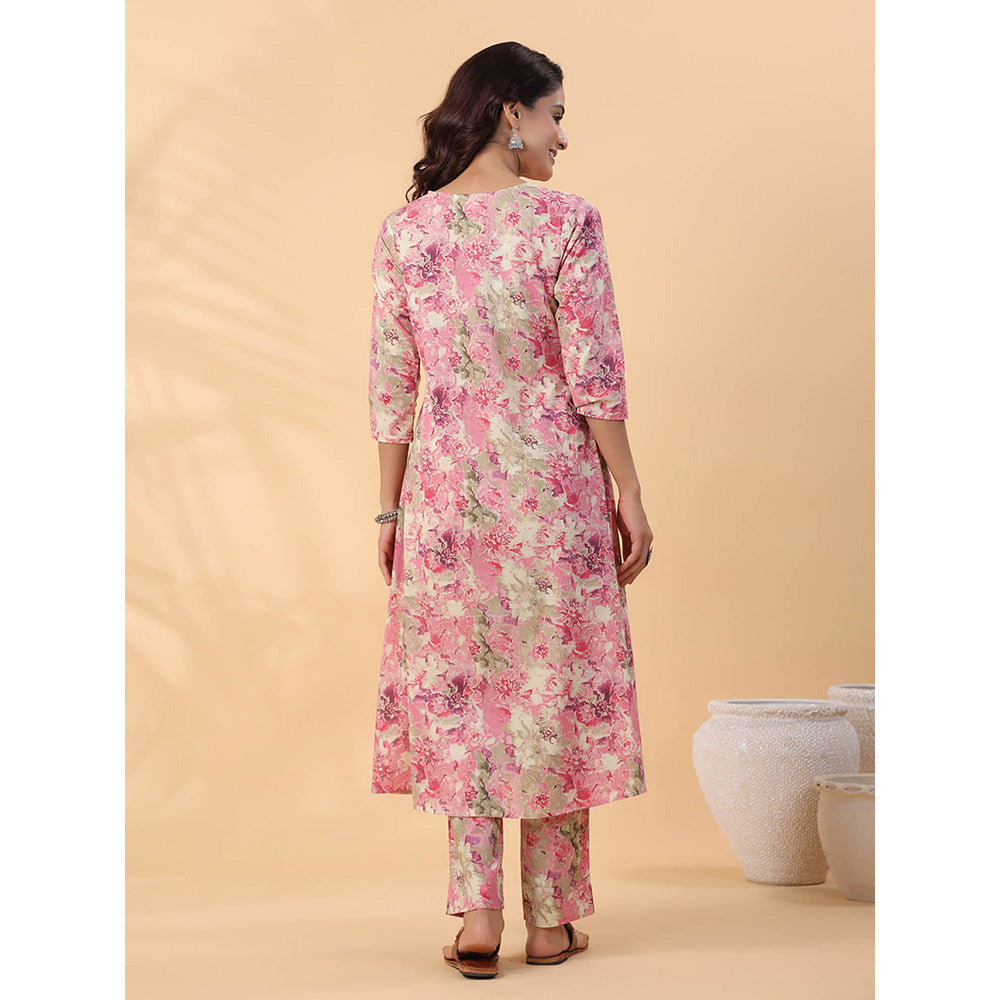 Janasya Women Pink Floral Printed Kurta with Pant (Set of 2)