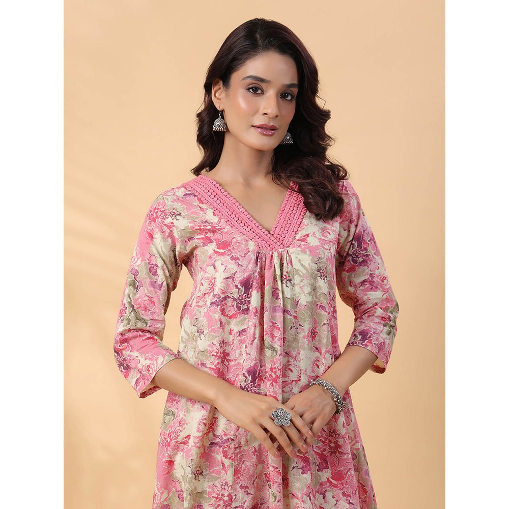 Janasya Women Pink Floral Printed Kurta with Pant (Set of 2)