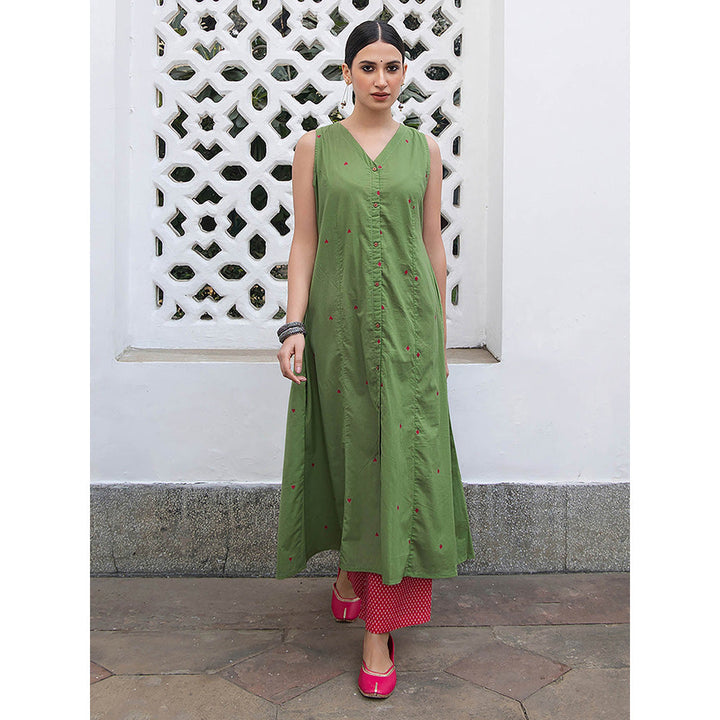 Janasya Women Green Embroidered Kurta with Pant (Set of 2)