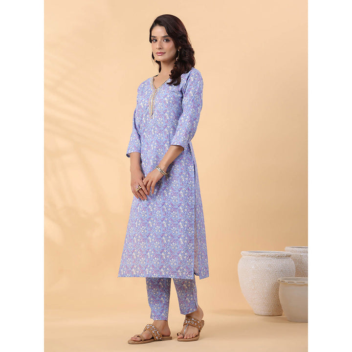 Janasya Women Blue Floral Printed Kurta with Pant (Set of 2)