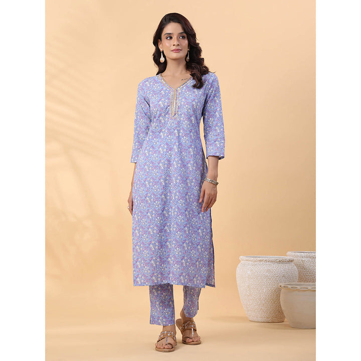 Janasya Women Blue Floral Printed Kurta with Pant (Set of 2)