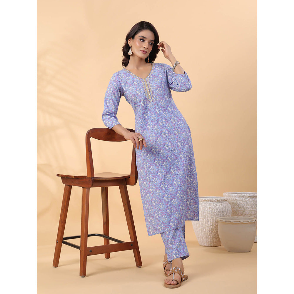 Janasya Women Blue Floral Printed Kurta with Pant (Set of 2)