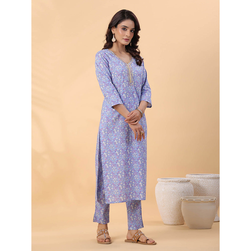 Janasya Women Blue Floral Printed Kurta with Pant (Set of 2)