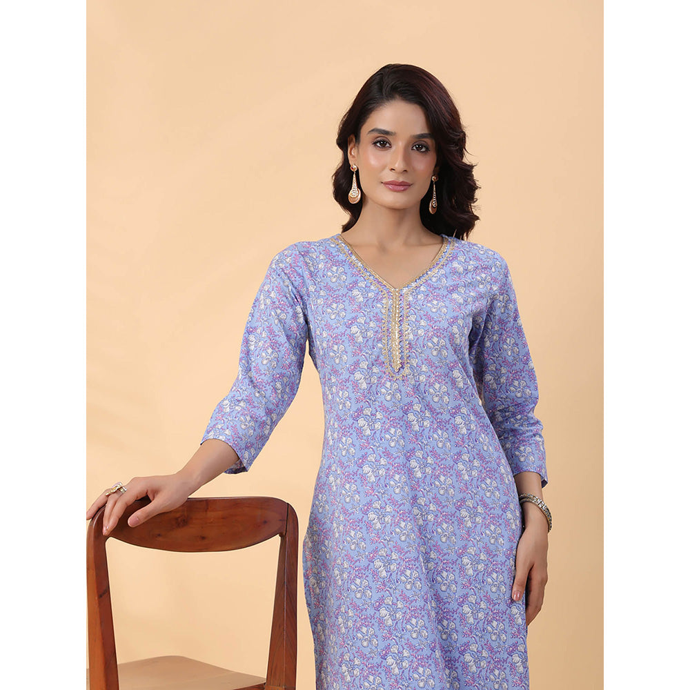 Janasya Women Blue Floral Printed Kurta with Pant (Set of 2)