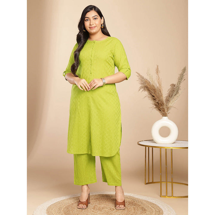 Janasya Women Plus Size Green Embroidered Kurta with Pant (Set of 2)