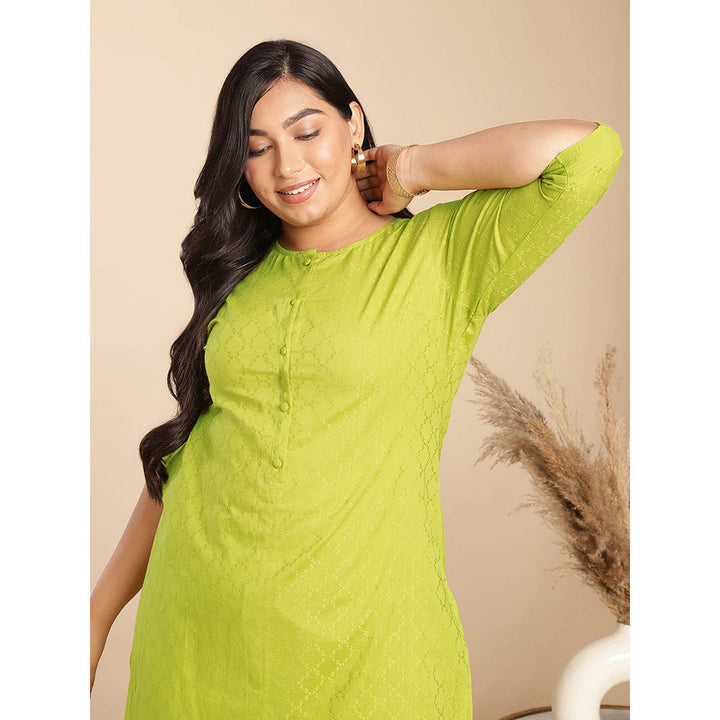 Janasya Women Plus Size Green Embroidered Kurta with Pant (Set of 2)