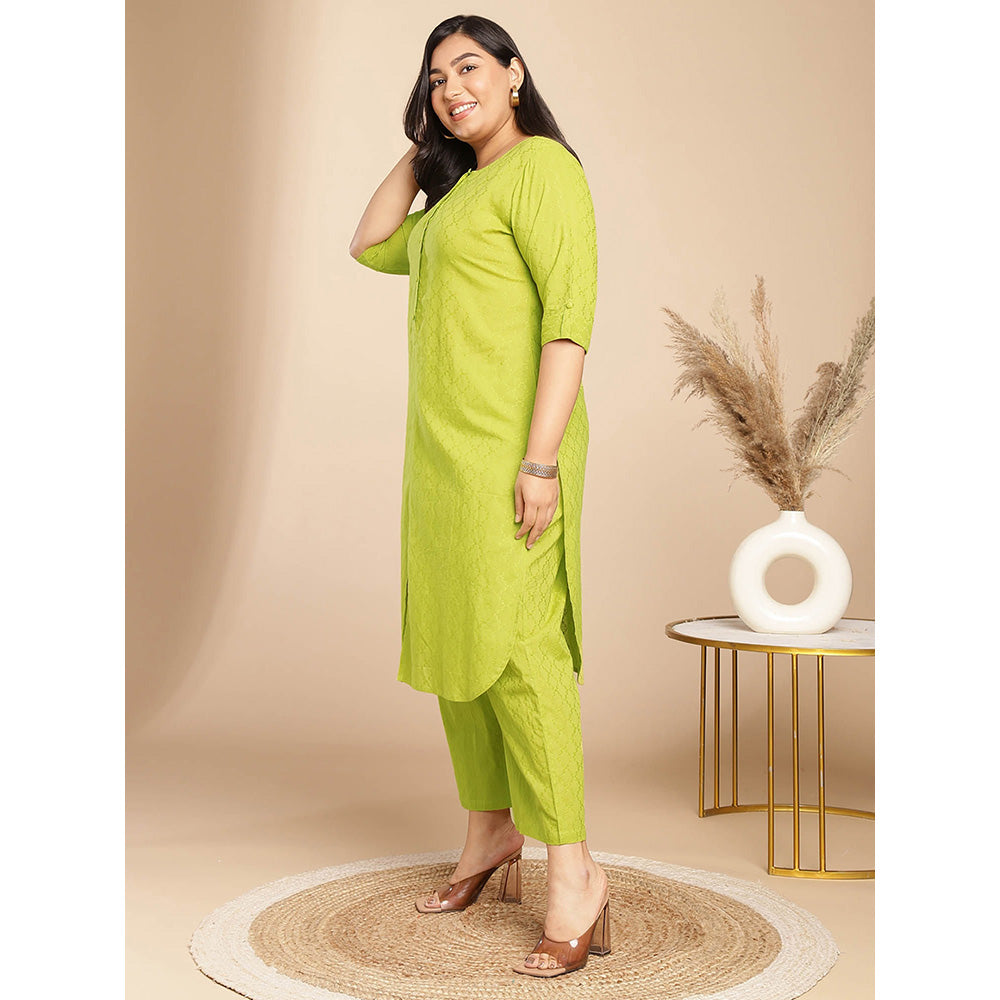 Janasya Women Plus Size Green Embroidered Kurta with Pant (Set of 2)