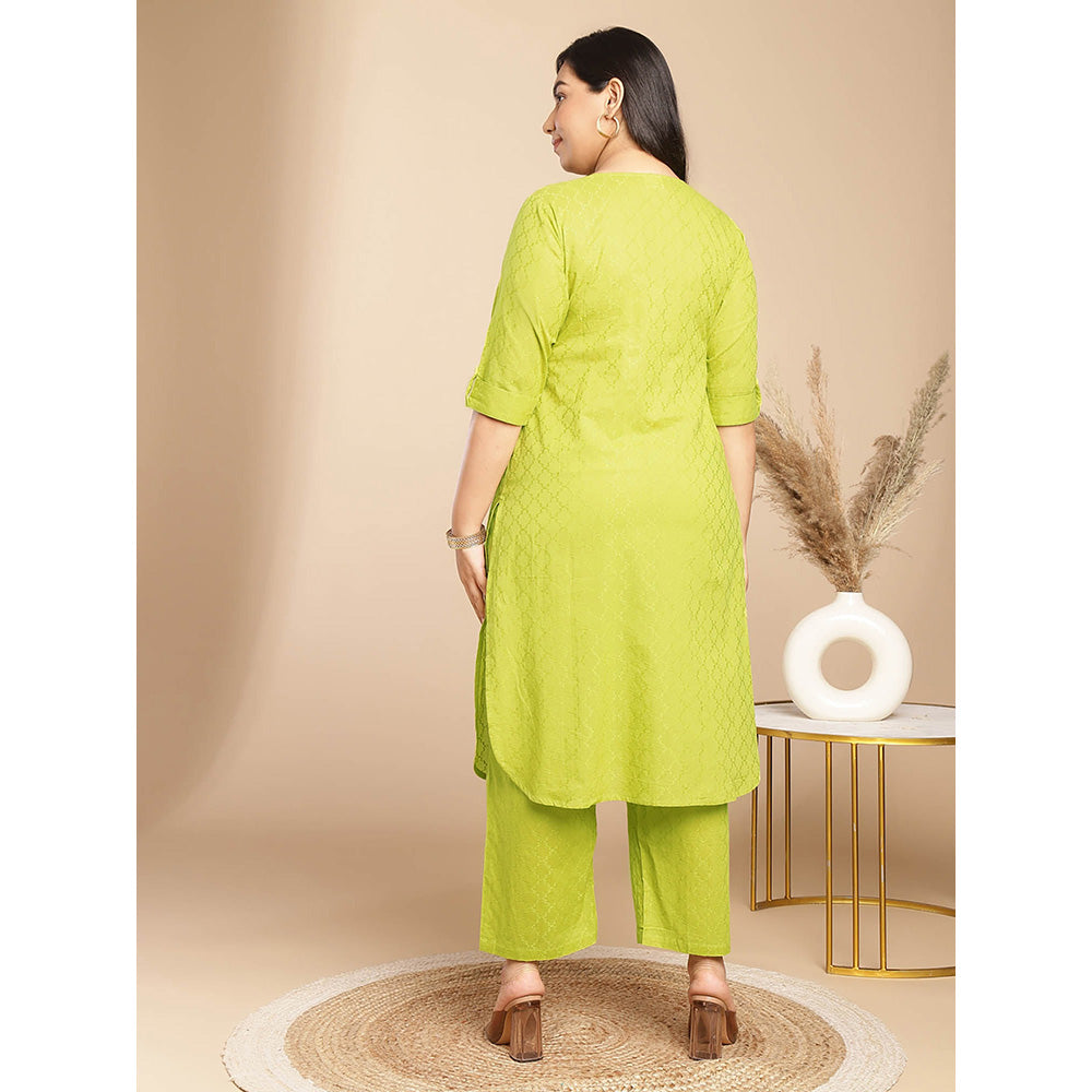 Janasya Women Plus Size Green Embroidered Kurta with Pant (Set of 2)