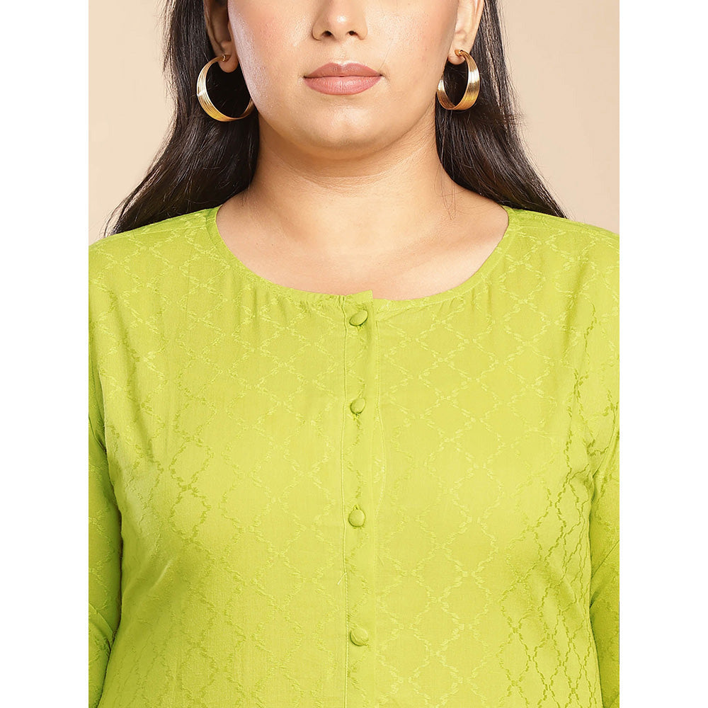 Janasya Women Plus Size Green Embroidered Kurta with Pant (Set of 2)