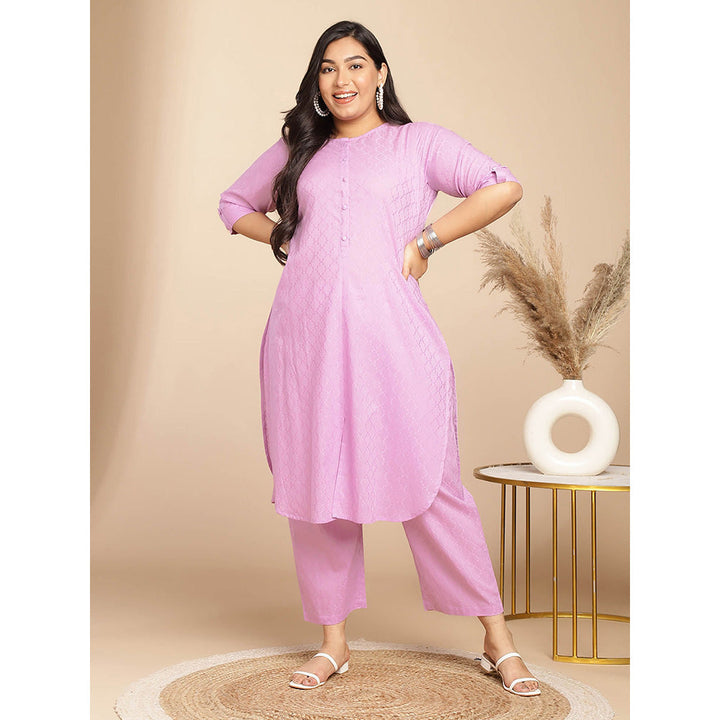 Janasya Women Plus Size Lavender Embroidered Kurta with Pant (Set of 2)