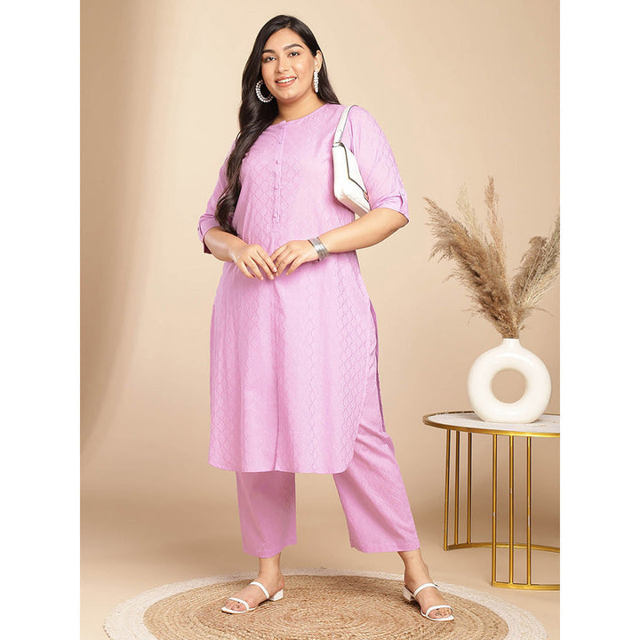 Janasya Women Plus Size Lavender Embroidered Kurta with Pant (Set of 2)