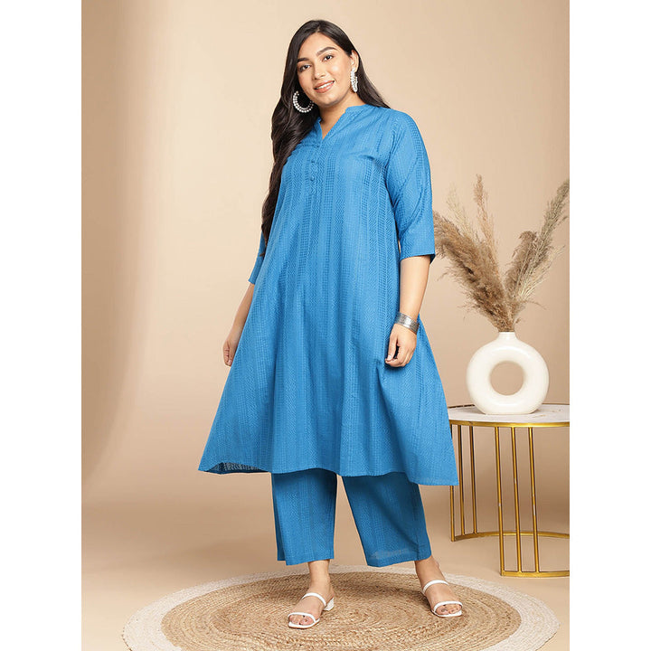 Janasya Women Plus Size Blue Embroidered Kurta with Pant (Set of 2)