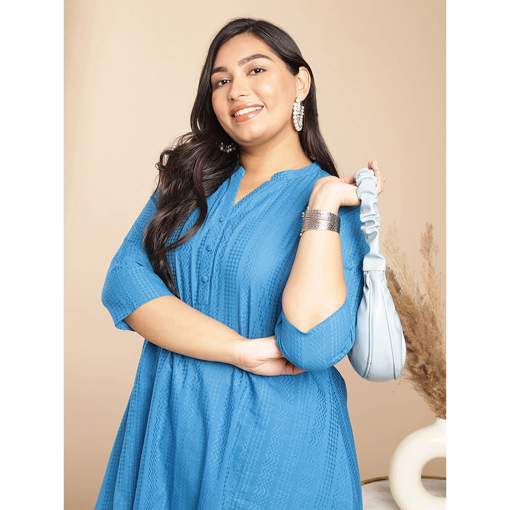 Janasya Women Plus Size Blue Embroidered Kurta with Pant (Set of 2)