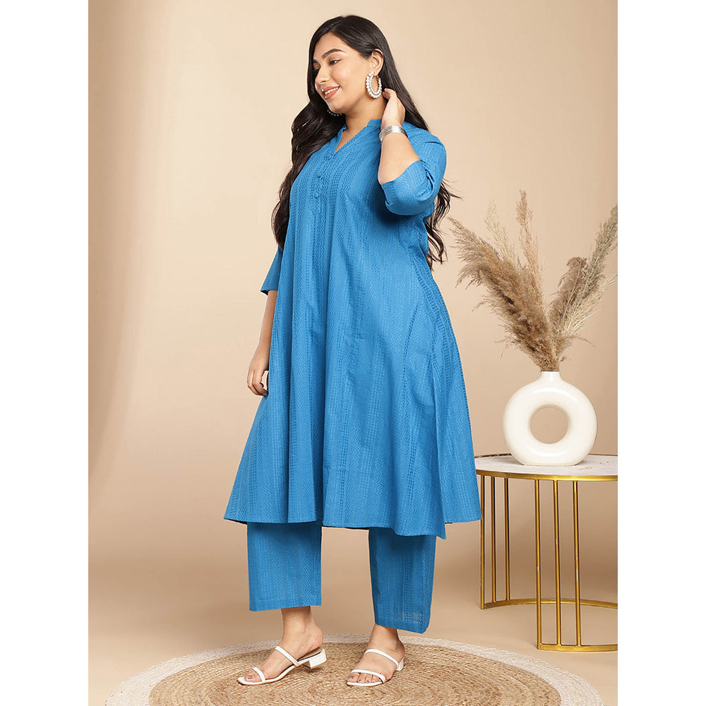 Janasya Women Plus Size Blue Embroidered Kurta with Pant (Set of 2)