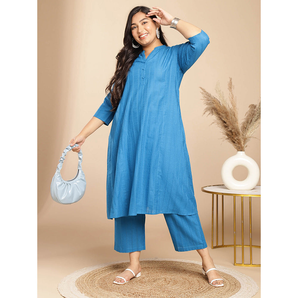 Janasya Women Plus Size Blue Embroidered Kurta with Pant (Set of 2)