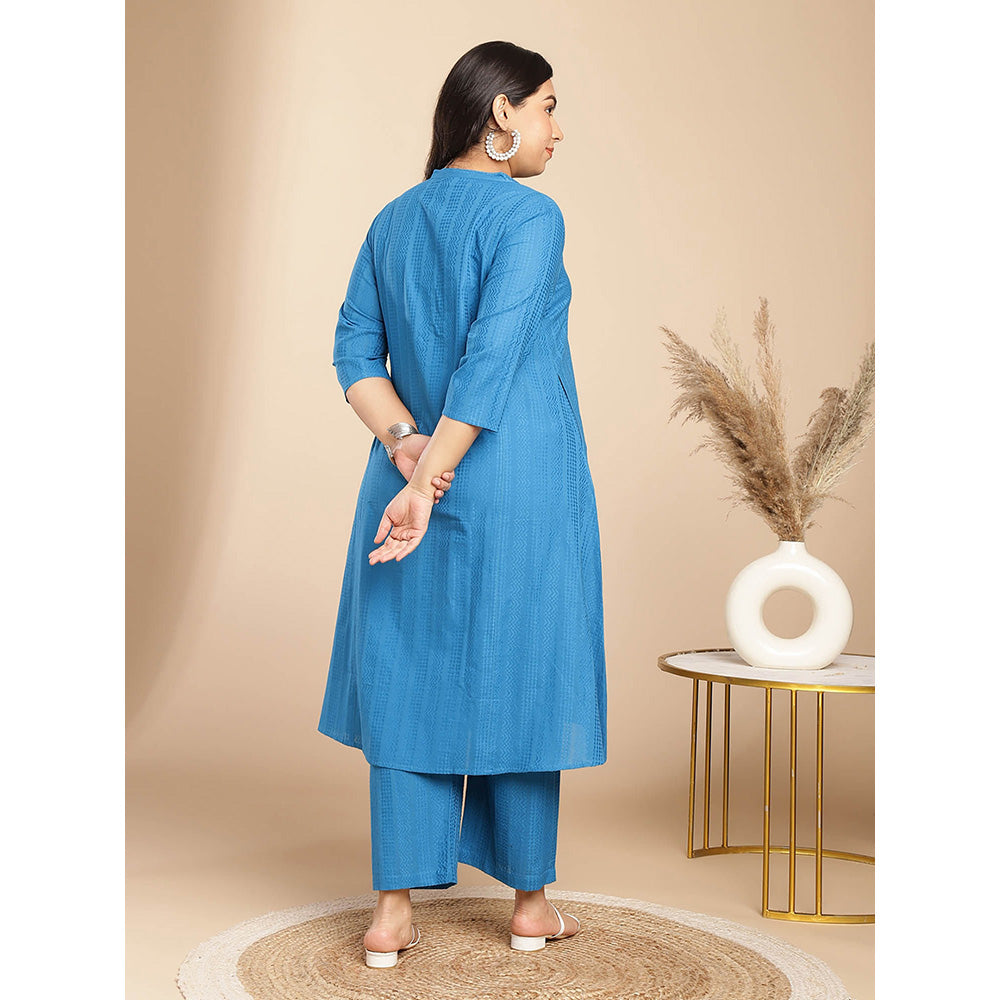 Janasya Women Plus Size Blue Embroidered Kurta with Pant (Set of 2)