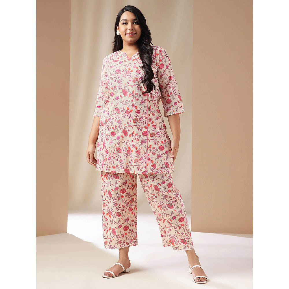 Janasya Women Plus Size Off White Floral Printed Kurta with Pant (Set of 2)