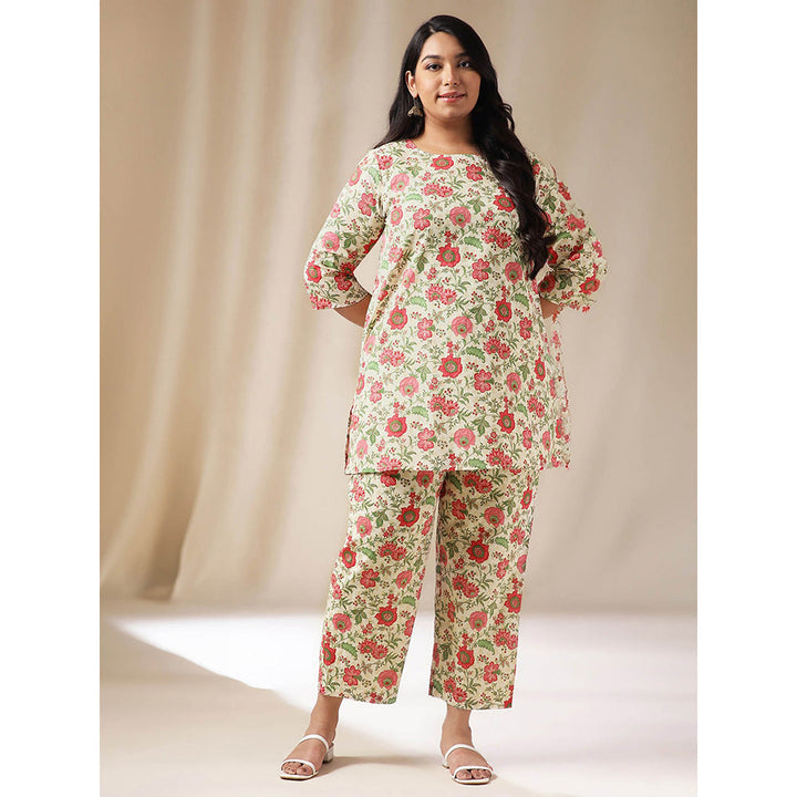 Janasya Women Plus Size Off White Floral Printed Kurta with Pant (Set of 2)