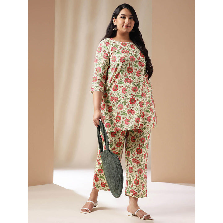 Janasya Women Plus Size Off White Floral Printed Kurta with Pant (Set of 2)