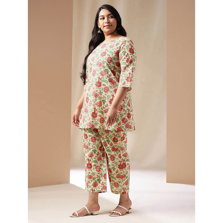 Janasya Women Plus Size Off White Floral Printed Kurta with Pant (Set of 2)