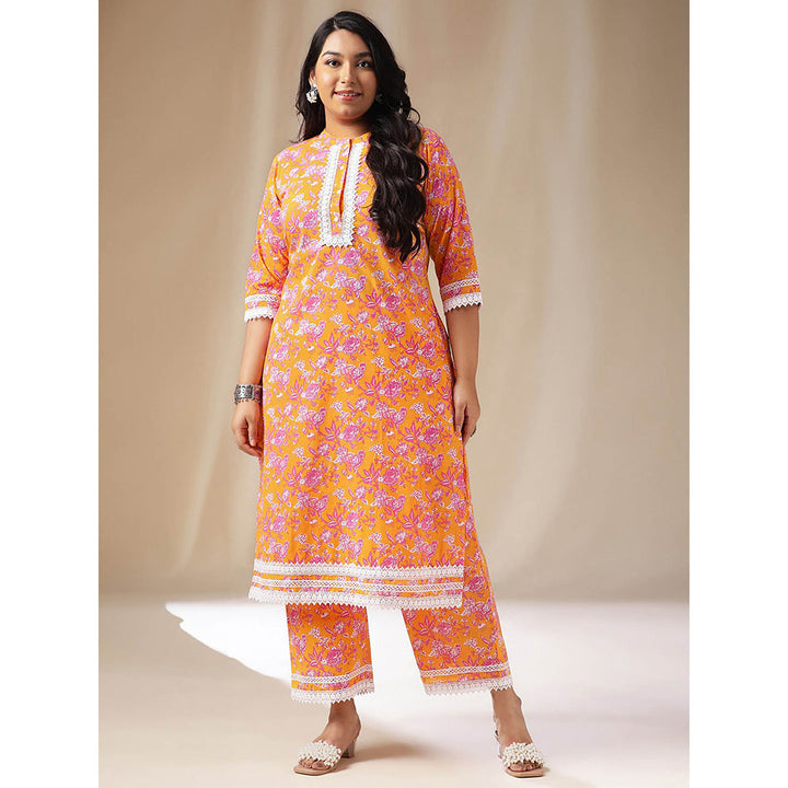 Janasya Women Plus Size Orange Floral Printed Kurta with Pant (Set of 2)