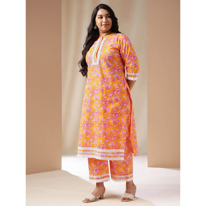 Janasya Women Plus Size Orange Floral Printed Kurta with Pant (Set of 2)