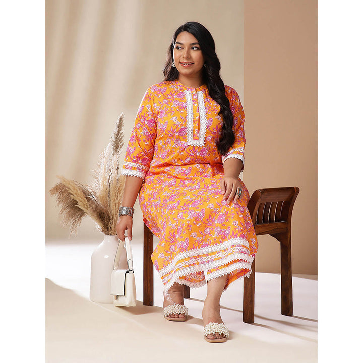 Janasya Women Plus Size Orange Floral Printed Kurta with Pant (Set of 2)