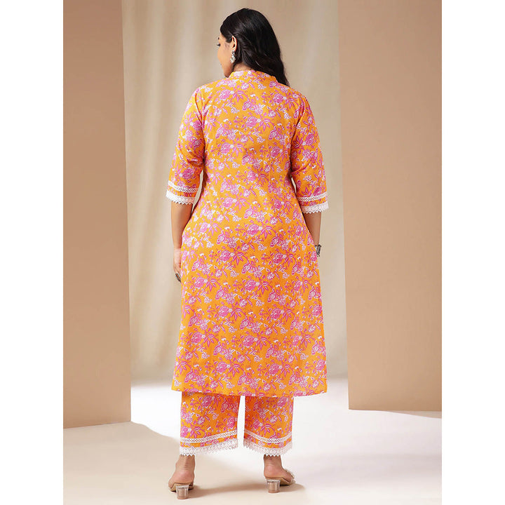 Janasya Women Plus Size Orange Floral Printed Kurta with Pant (Set of 2)