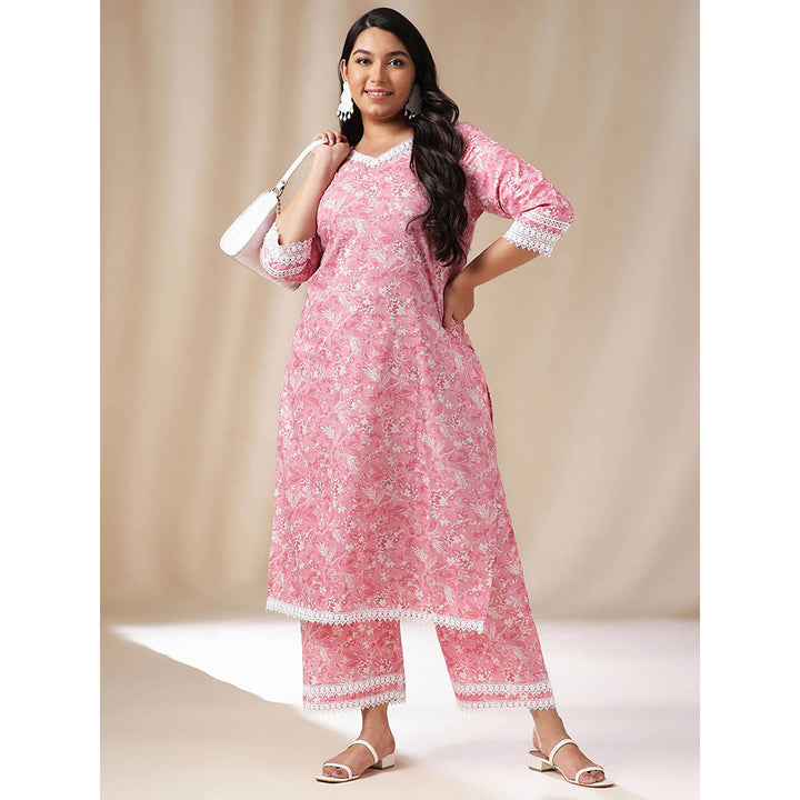 Janasya Women Plus Size Pink Floral Printed Kurta with Pant (Set of 2)