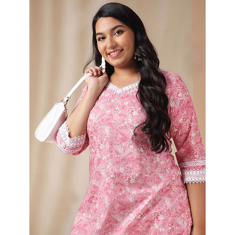 Janasya Women Plus Size Pink Floral Printed Kurta with Pant (Set of 2)