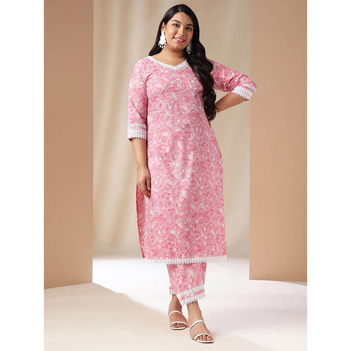 Janasya Women Plus Size Pink Floral Printed Kurta with Pant (Set of 2)