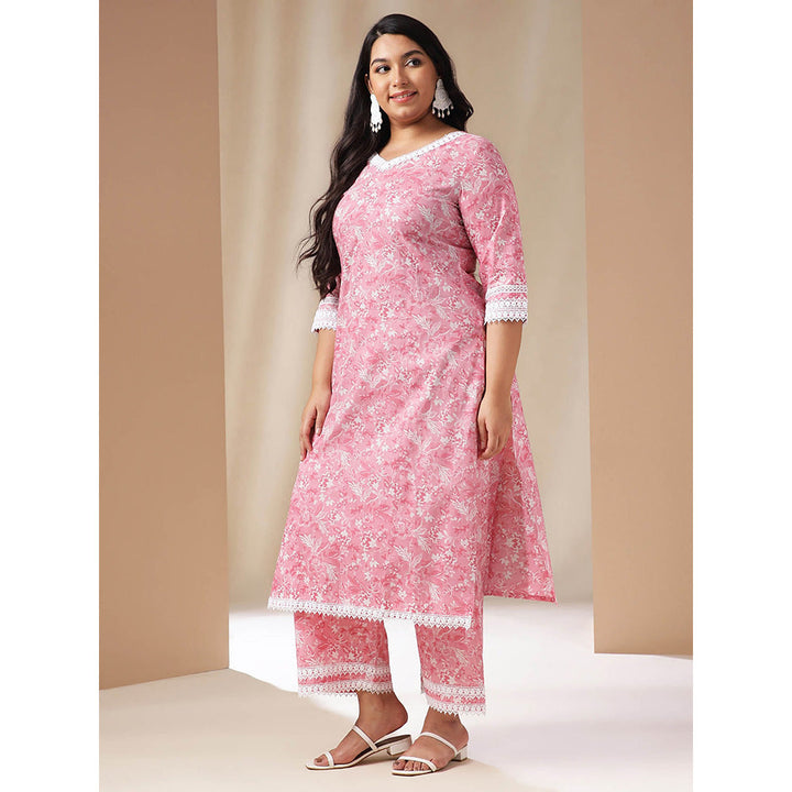 Janasya Women Plus Size Pink Floral Printed Kurta with Pant (Set of 2)