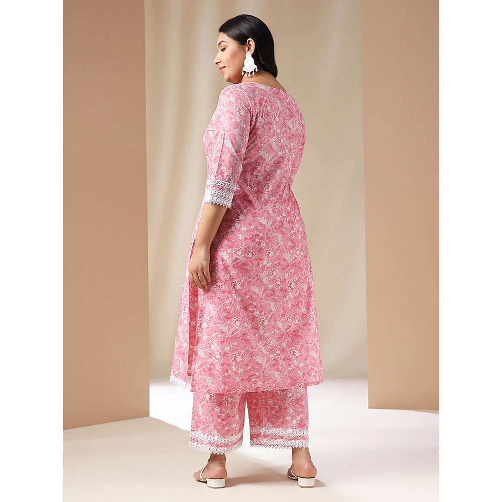 Janasya Women Plus Size Pink Floral Printed Kurta with Pant (Set of 2)