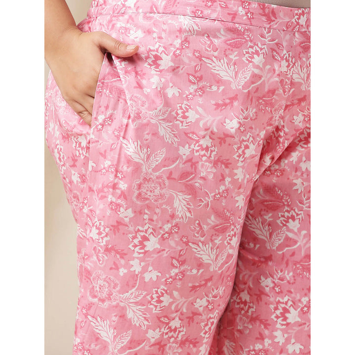 Janasya Women Plus Size Pink Floral Printed Kurta with Pant (Set of 2)