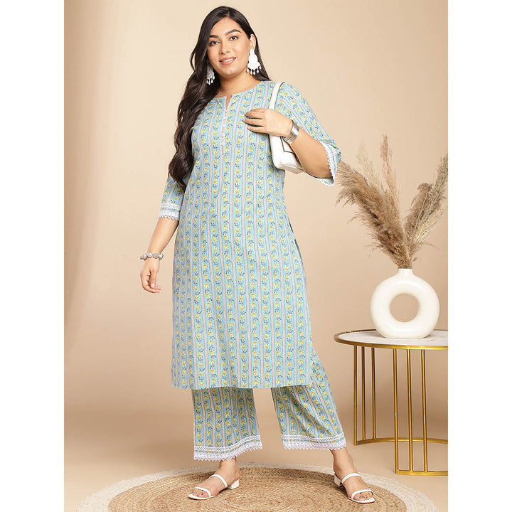 Janasya Women Plus Size Green Floral Printed Kurta with Pant (Set of 2)