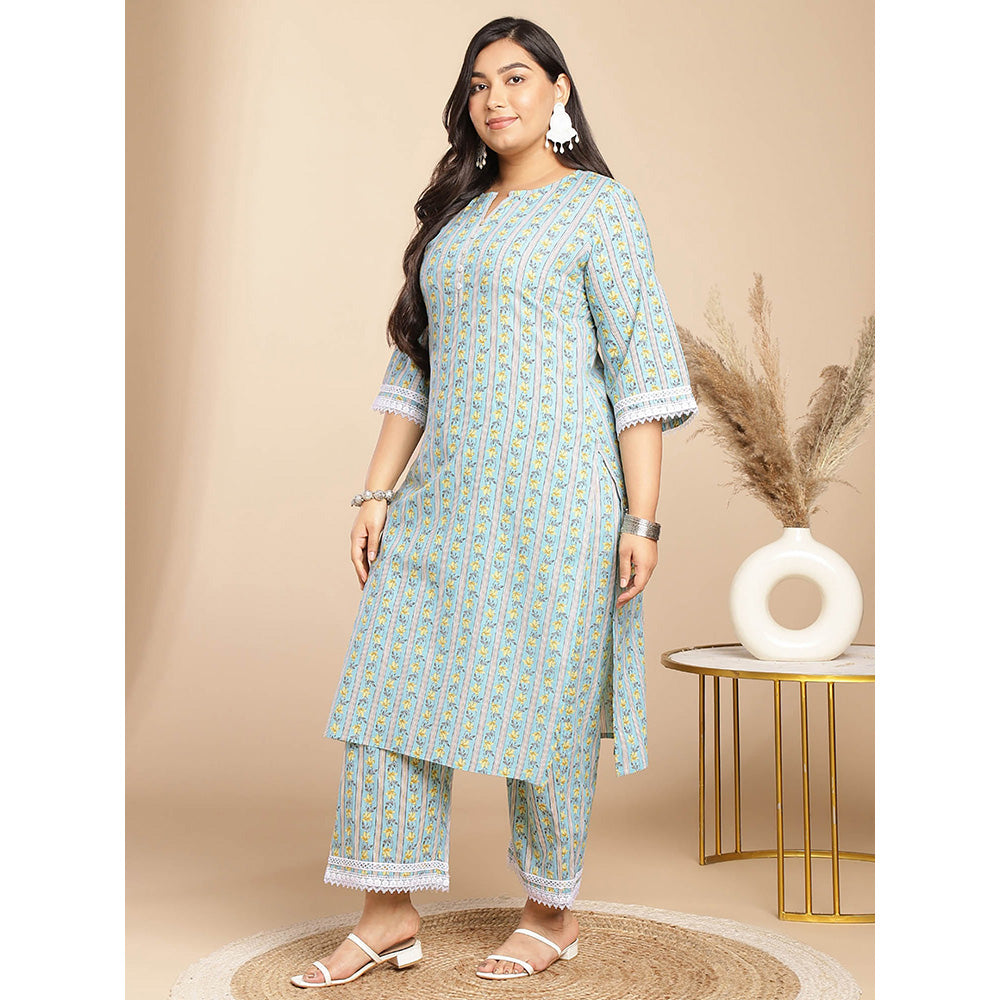 Janasya Women Plus Size Green Floral Printed Kurta with Pant (Set of 2)