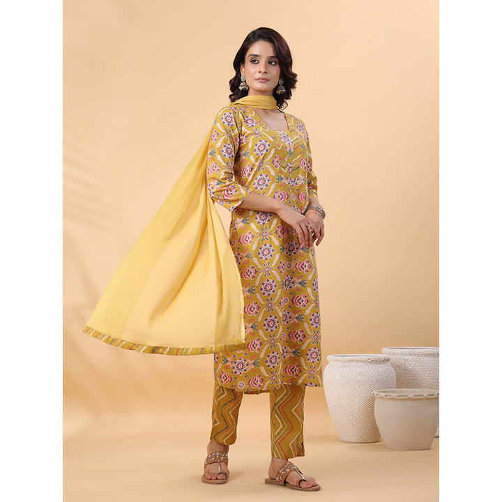 Janasya Women Mustard Floral Printed Kurta with Pant and Dupatta (Set of 3)