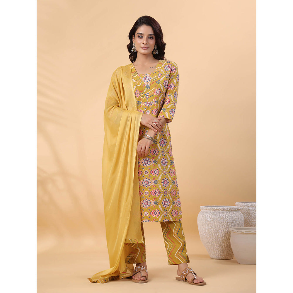 Janasya Women Mustard Floral Printed Kurta with Pant and Dupatta (Set of 3)