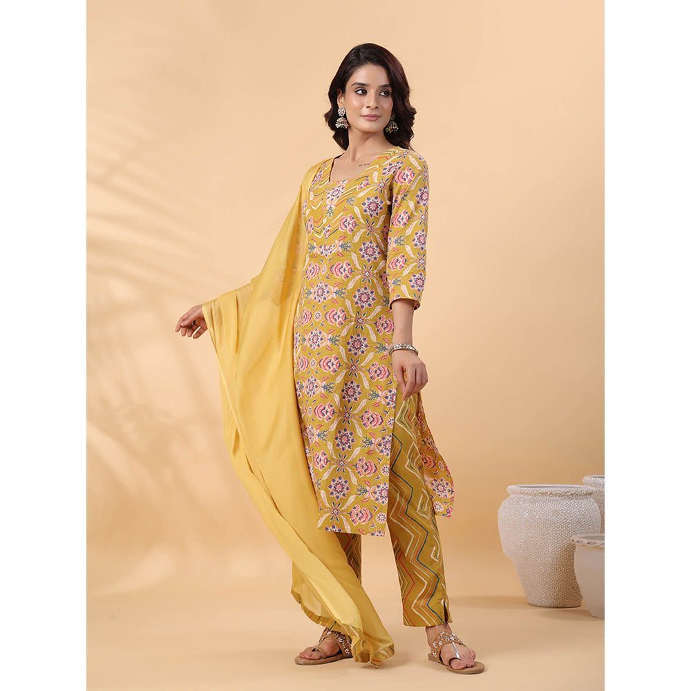 Janasya Women Mustard Floral Printed Kurta with Pant and Dupatta (Set of 3)