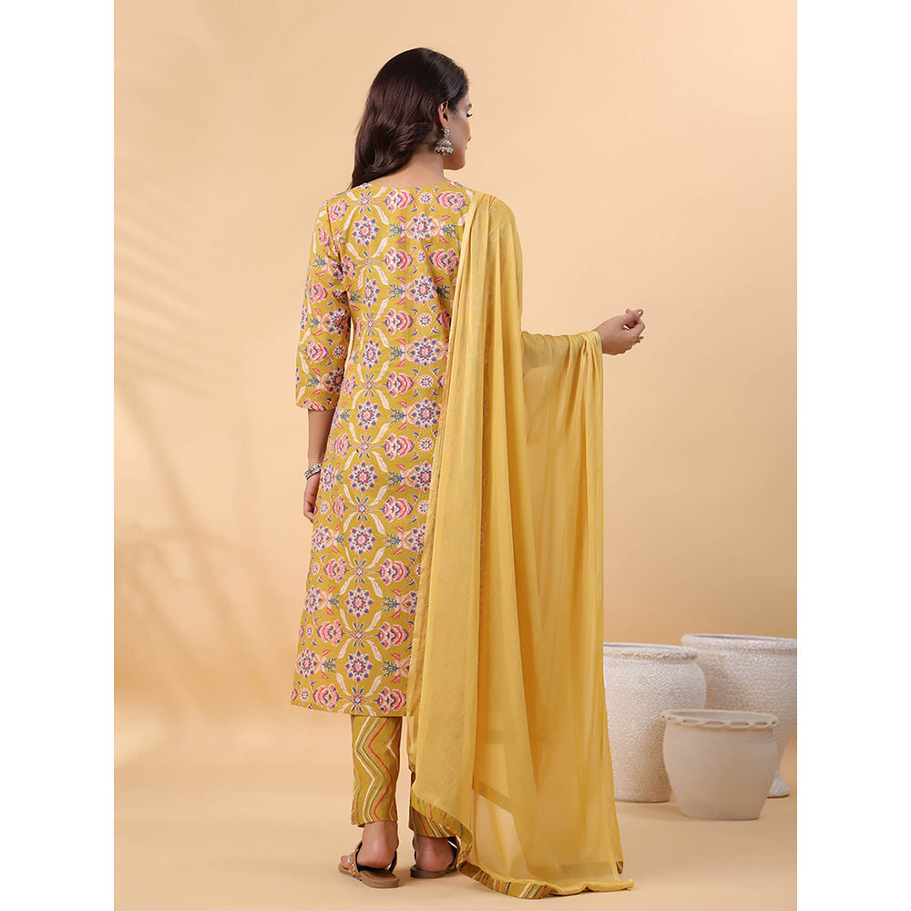 Janasya Women Mustard Floral Printed Kurta with Pant and Dupatta (Set of 3)