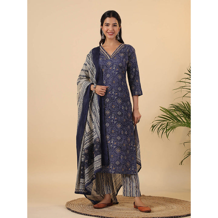 Janasya Women Navy Blue Printed Kurta with Pant and Dupatta (Set of 3)