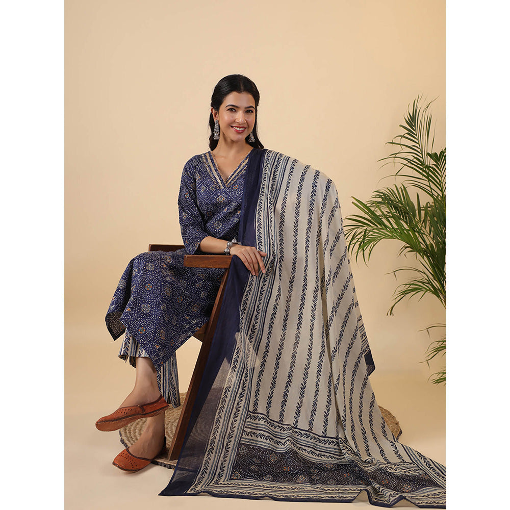 Janasya Women Navy Blue Printed Kurta with Pant and Dupatta (Set of 3)